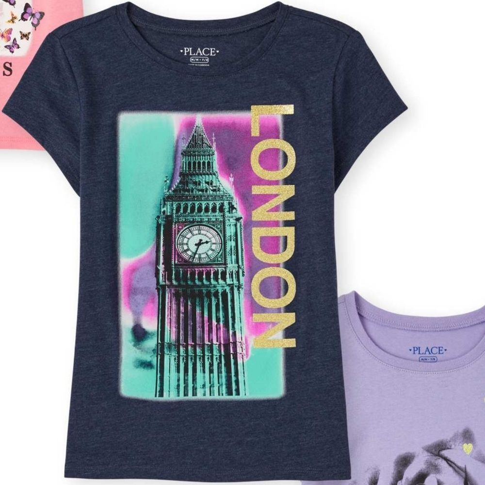 Girls London Big Ben Turquoise Gold Glitter Long Sleeve Shirt Size Small S 5/6